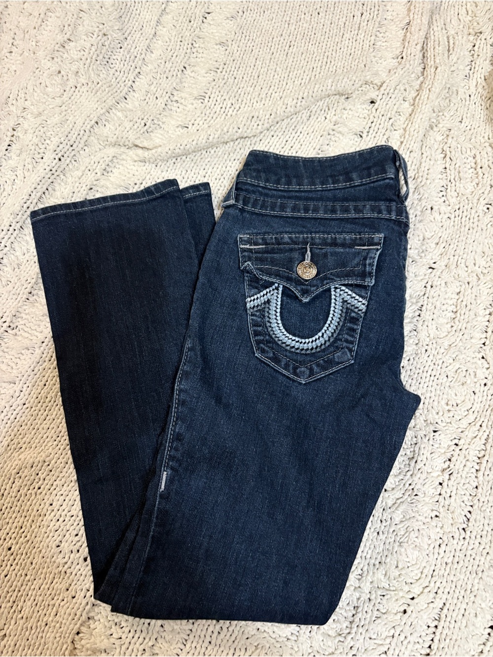 True Religion Dark Blue Boot Cut Jeans with Signature Pocket Stitching
